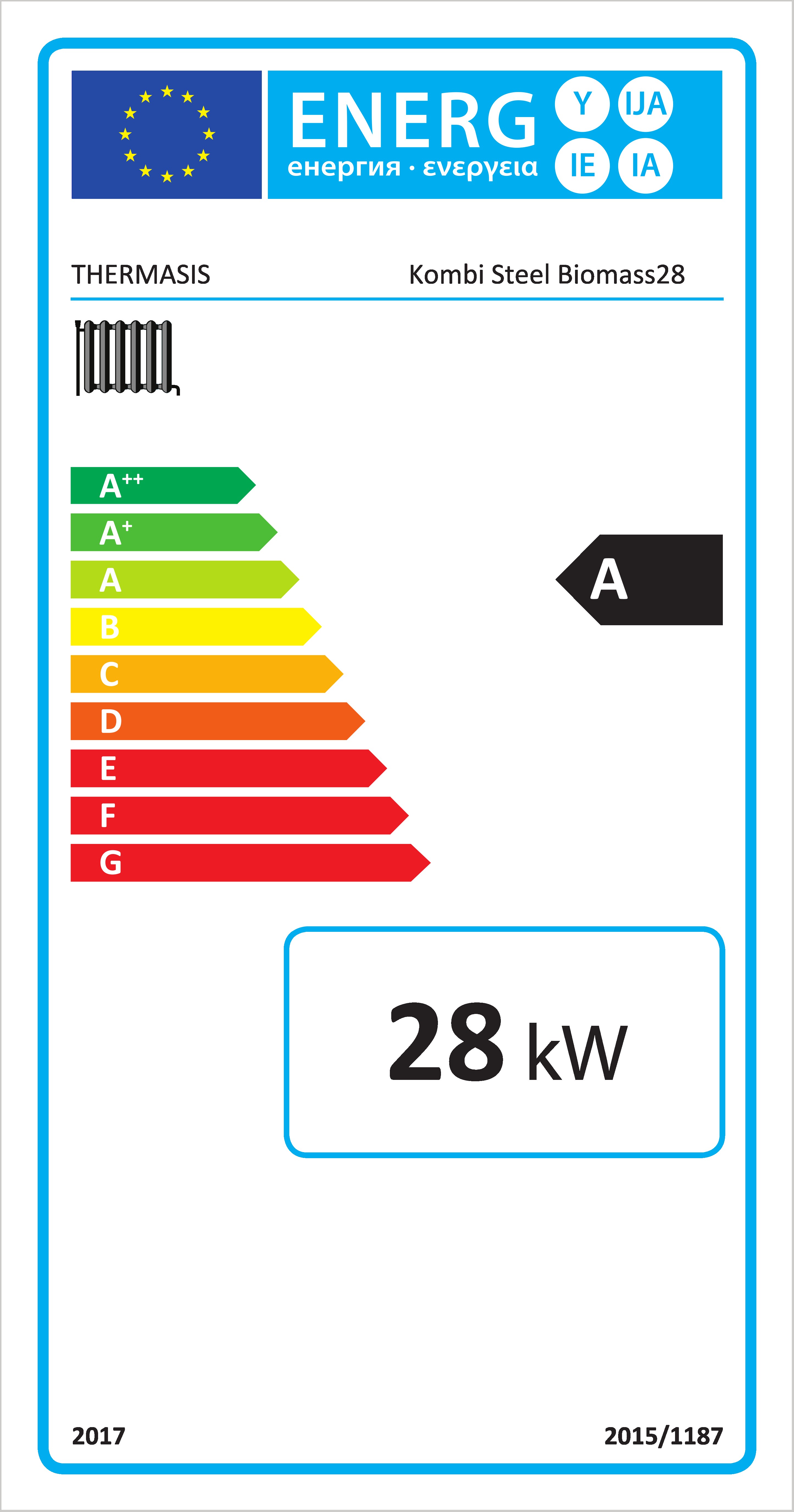 Oceľový kotol KOMBI STEEL BIOMAS 28 - energetický štítok